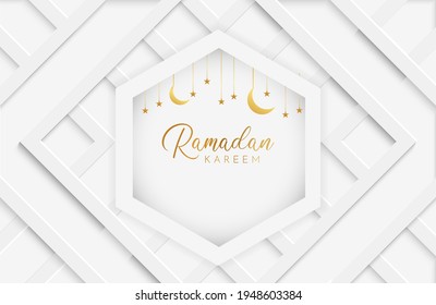 Ramadan kareem background with white paper cut geometric shape. Vector illustration for Islamic holy month celebrations. Place for your text