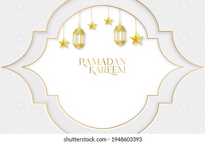 Fondo Ramadan kareem con forma geométrica de papel blanco. Ilustración vectorial de la estrella dorada y linterna para las celebraciones del mes sagrado islámico. Colocar el texto