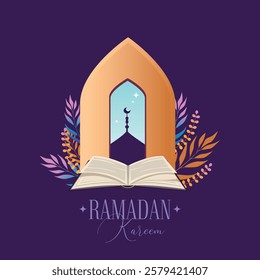 Ramadan Kareem background with, Mosque, Crescent Moon placed in an Arch Frame and quran book. Ramadan Mubarak greeting social media post template in line art style. Muslim Festive vector illustration.