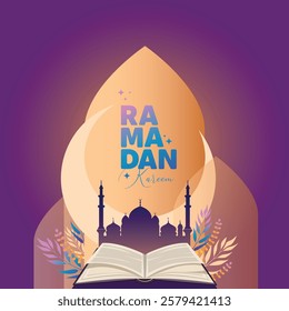 Ramadan Kareem background with, Mosque, Crescent Moon placed in an Arch Frame and quran book. Ramadan Mubarak greeting social media post template in line art style. Muslim Festive vector illustration.