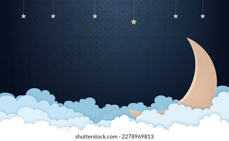 Ramadan Kareem background,Horizon Sale Header,Voucher Template with Crescent Moon,3d Paper cut Cloud and Star on islamic,arabic pattern on Blue Background.Vector Traditional Lanterns or Place for Text