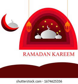 Ramadan kareem background.Papercut illustration with mosque and stars.Red background