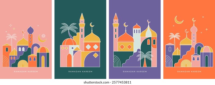 Ramadan Kareem backgrounds in flat geometric style. Modern linear Islamic greeting card template and wallpaper design. Poster and media banner vector illustration