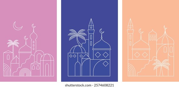 Ramadan Kareem backgrounds in line art style. Modern linear Islamic greeting card template and wallpaper design. Poster and media banner vector illustration