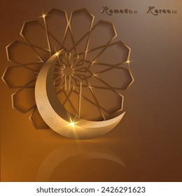 Ramadan Kareem banner, 3D gold crescent moon, holiday greeting traditional islamic. Arabic design for product showcase, presentation, cosmetic, base, ramadan sales, copy space on beige background