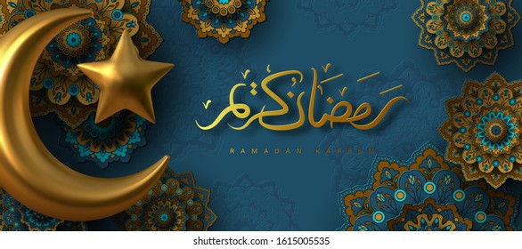 Ramadan Kareem banner with 3d metallic golden crescent moon, paper cut abstract arabesque flowers and Arabic handwritten calligraphy. Translation Ramadan Kareem. Vector.