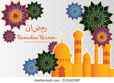 Ramadan Kareem banner with 3d metallic golden crescent moon, paper cut abstract arabesque flowers and Arabic handwritten calligraphy. Translation Ramadan Kareem. Vector.