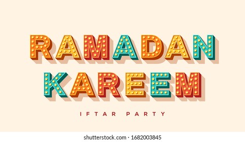 Ramadan Kareem banner, 3d retro typography isolated on white background. Vector illustration with light bulbs font.