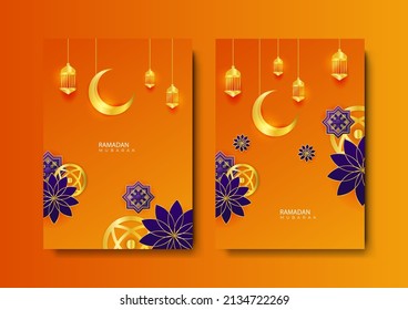 Ramadan kareem banner background design illustration. Happy Ramadan set of greeting cards, posters, entertainment covers. Ramadan design with beautiful moon lanterns, modern style, dark background