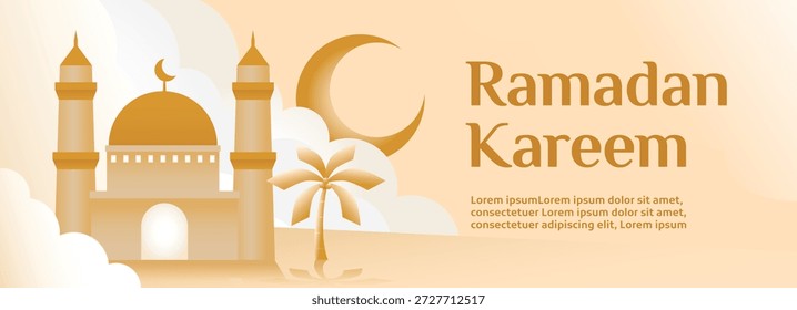 Fondo de Anuncio de Ramadán Kareem con una mezquita, luna creciente, palmera y Elementos de nubes suaves en tonos dorados cálidos. Composición limpia con estilo islámico decorativo y espacio de copia para texto.