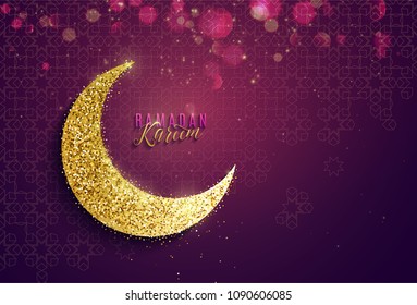 Ramadan kareem banner background islamic crescent, golden paper moon, text lettering greeting sign, arabian pattern on dark purple backdrop with light effect. Vector illustration
