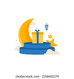 Ramadan Kareem Banner background islamic symbol with gift box, crescent moon and Gift Box Illustration. Suitable for invitation outdoor banner, poster and marketing.