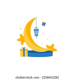 Ramadan Kareem Banner background islamic symbol with gift box, crescent moon and Gift Box Illustration. Suitable for invitation outdoor banner, poster and marketing.