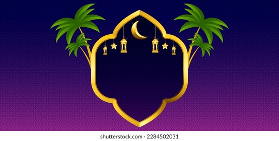 Ramadan Kareem banner background. Islamic theme with golden frame, moon, lamp, star on purple blue background
