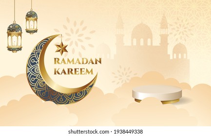 Ramadan Kareem banner with blank podium stage for product display. Elegant style Islamic background.