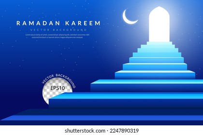 Ramadan Kareem banner, The blue stairway leads up to the mosque door on a night sky filled with stars and a moon. vector illustration