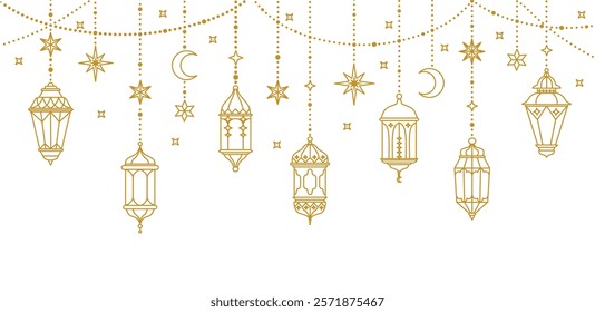 Ramadan Kareem banner. Border with hanging lantern. Ramadan Mubarak poster with golden lanterns, moon, stars. Arabic oriental holiday garland with lamp. Vector background.