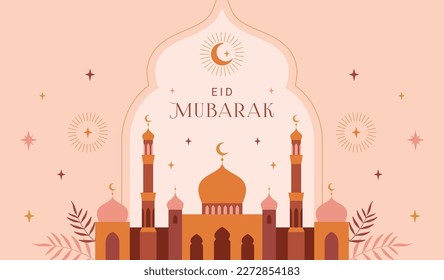 Ramadan Kareem banner, card, poster design. Modern geometric minimalist design with mosque, crescent, stars in the sky, arches windows. Vector illustration.