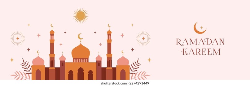 Ramadan Kareem banner, card, poster design. Modern geometric minimalist design with mosque, crescent, stars in the sky, arches windows. Vector illustration.