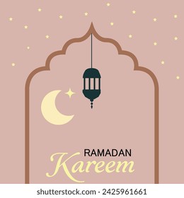 Ramadan Kareem Banner, Karte, Poster Design. Modernes geometrisches minimalistisches Design mit Moschee, Halbmond, Sternen am Himmel, Bogenfenstern