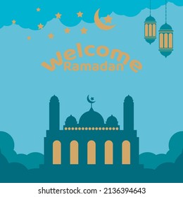 Ramadan Kareem Banner with Clouds and Stars on Night Sky Background Vector illustration. Traditional Lanterns and Places for Your Text