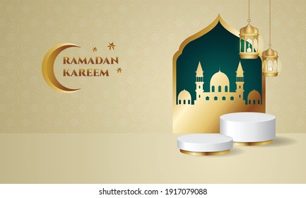 Ramadan Kareem banner decorated with golden lantern lamp and mosque. Realistic product showcase podium.