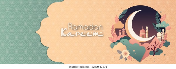 Ramadan Kareem Banner Design With Crescent Moon, Mosque On Nature Peach And Blue Mandala Pattern Background.