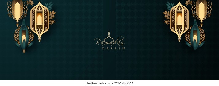 Ramadan Kareem Banner Design Decorated With Hanging Arabic Lamps On Teal Green Arab Pattern Background.