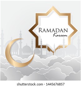 Ramadan kareem banner design with islamic lanterns, mosque and moon gold. Vector illustration.