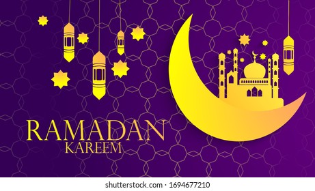 Ramadan kareem banner design with Islamic geometric pattern, mosque icon on the moon, lanterns, and stars with purple and gold background. for banners, backgrounds, greeting cards.