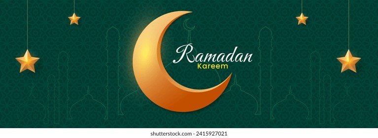 Ramadan Kareem banner design. Islamic background with golden crescent moon and star . Vector illustration