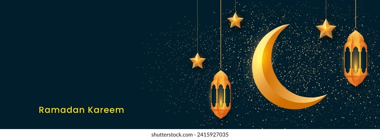 Ramadan Kareem banner design. Islamic background with golden lanterns, stars and crescent moon. Vector illustration