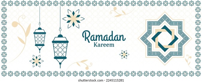 ramadan kareem banner design with lantern and flowers in pastel color. vector illustration