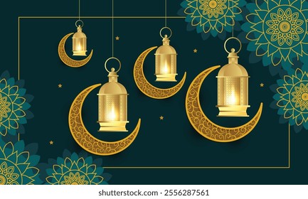 Ramadan Kareem banner design. Lantern, moon and abstract luxury Islamic pattern elements