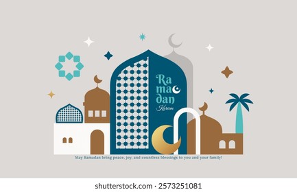 Ramadan Kareem banner design with mosque, crescent moon, stars, and typography in flat geometric style. Elegant and modern Ramadan Mubarak greeting card, poster, banner, cover art, and festive, design