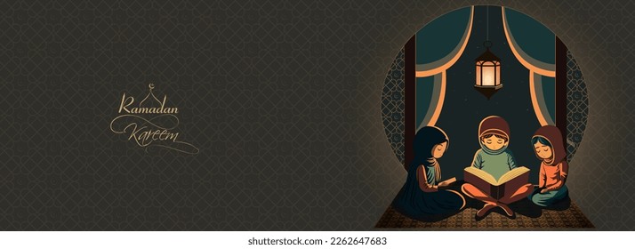 Ramadan Kareem Banner Design With Muslim Young Girls Reading Quran Book Together In Night On Islamic Art Pattern Black Background.