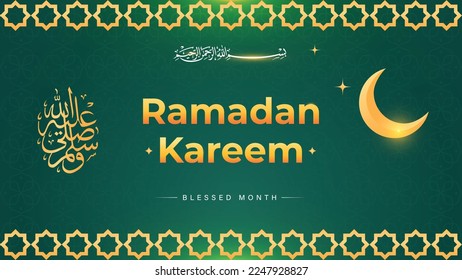 Ramadan Kareem Banner Design, Vector Illustration, Beautiful Arabesque Pattern. Arabic Words means "peace be upon him" and "In the name of Allah, the Merciful"
