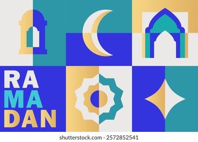 Ramadan Kareem banner in flat geometric style with a crescent moon, lantern, mosque arches, ornamental patterns, and bold text. Eid Mubarak modern greeting card in blue, teal, white, golden colors