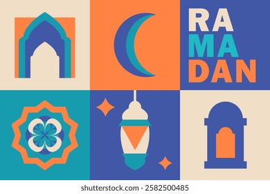 Ramadan Kareem banner in flat geometric style with a crescent moon, lantern, mosque arches, ornamental patterns, and bold text. Eid Mubarak modern greeting card in orange, blue, teal, beige colors