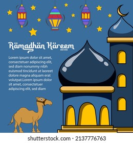 Ramadan Kareem Banner With Flat Sticker Icon Set. Vector illustration. Islamic concept. blue Mosque