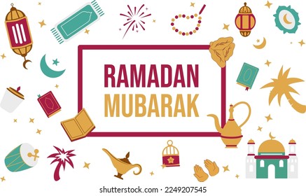 Ramadan Kareem Banner With Flat Sticker Icons Set. Vector illustration. Islamic Concept.suitable for poster, banner, invitation card, note book cover, presentation, etc