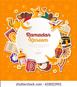 Ramadan Kareem Banner With Flat Sticker Icons Set. Vector illustration. Islamic Concept. Circle White Frame with Place for your Text on Orange Background. Quran, Traditional Lanterns, Dates