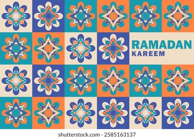 Ramadan Kareem banner with floral arabesque in teal, blue, orange, beige arranged in a tiled pattern. Modern, vibrant geometric card, wallpaper, background with symmetrical Islamic-inspired art