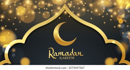 Ramadan Kareem banner. Gold crescent moon. Hand lettering and blurred bokeh lights. Muslim holy month greetings. Vector illustration.