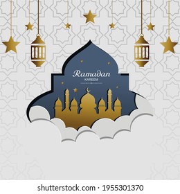 ramadan kareem banner with gold lantern stars and mosque, white background, elegant, ramadan kareem greetings designs.