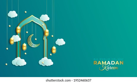 Ramadan Kareem Banner with Gold Moon, 3d Paper cut Clouds and Stars on Green Background. Vector illustration. Traditional Lanterns and Place for your Text.