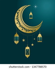 Ramadan kareem banner, greeting card . Islamic lantern and moon background. Vector illustration
