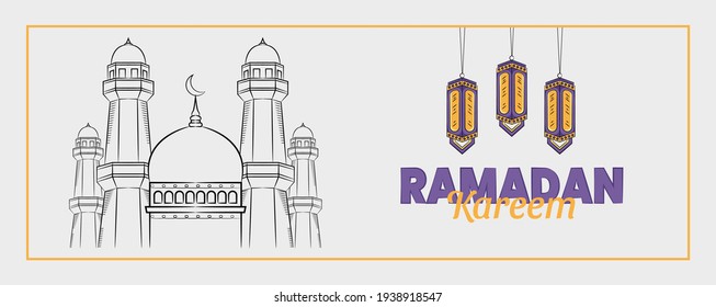 ramadan kareem banner with hand drawn islamic illustration ornament white background. Vector Illustration