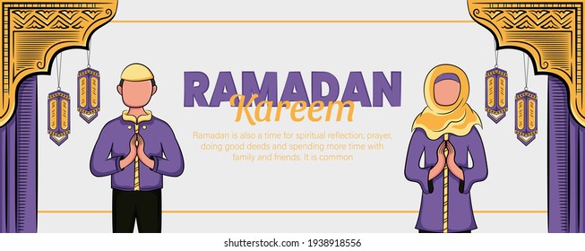 ramadan kareem banner with hand drawn islamic illustration ornament white background. Vector Illustration