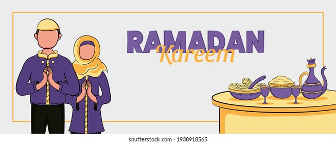 ramadan kareem banner with hand drawn islamic illustration ornament white background. Vector Illustration